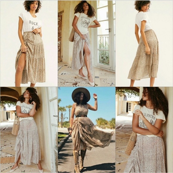 Spell Frankie Peasant Skirt Cheetah Print Boho Maxi Beige Small EUC - Picture 9 of 11